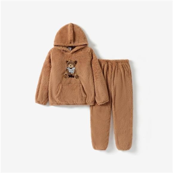 2pcs Kid Girl Fuzzy Polar fleece Hoodie Sweatshirt Splice Hoodie Leggings Set